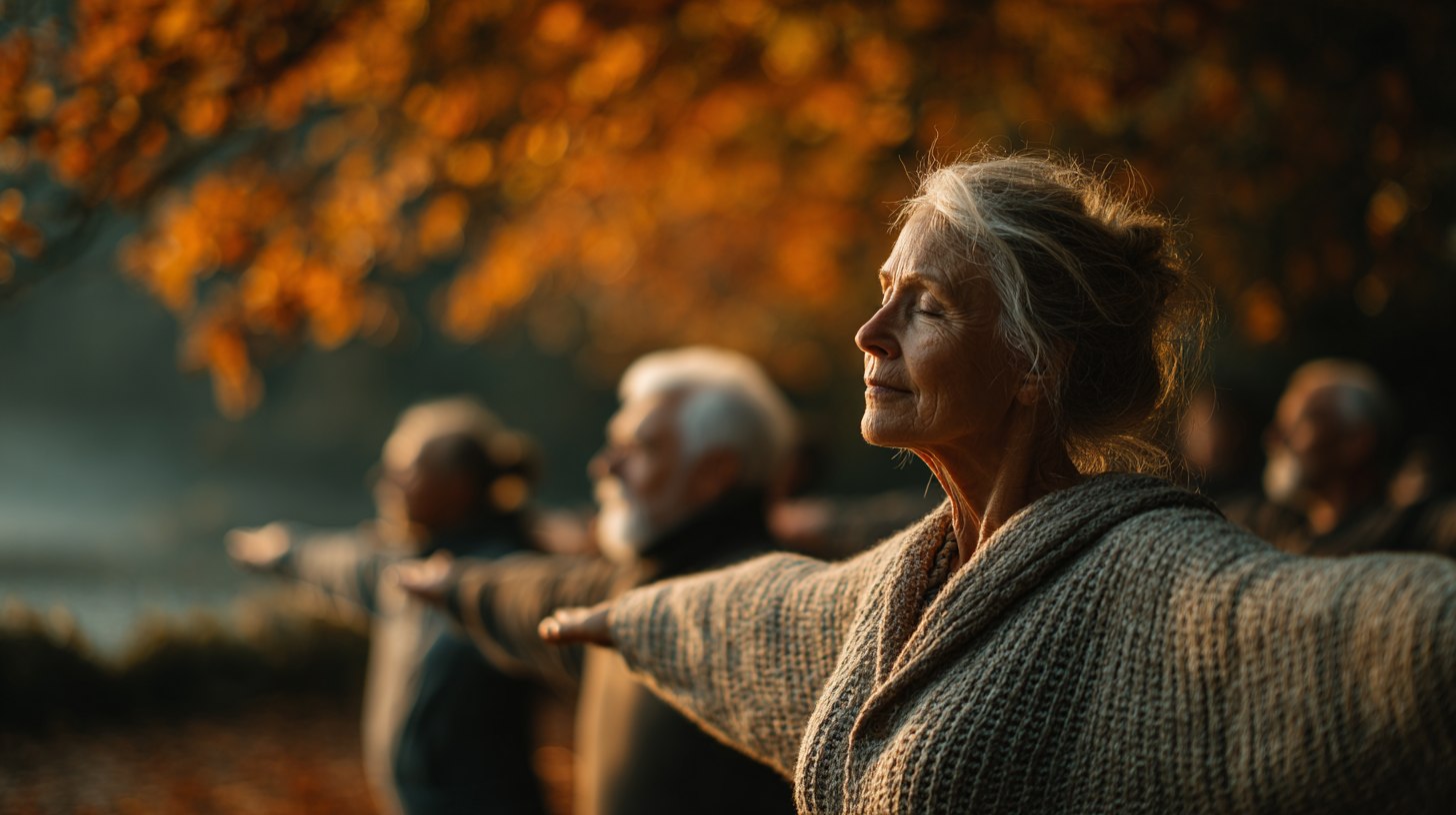 Група людей зрілого віку практикує йогу в парку