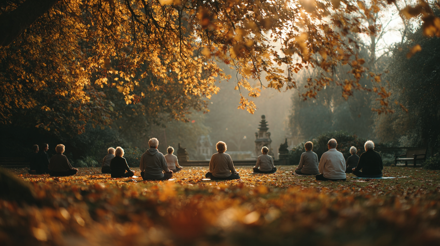 Група людей зрілого віку в позі лотоса під час медитації